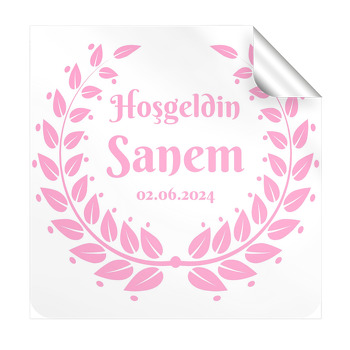 Pembe Yaprak Çelenk Çerçeve Temalı Kare Etiket