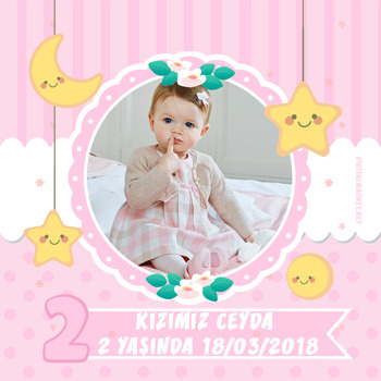 Pembe Yıldız Temalı 2 Yaş Doğum Günü   Kare Parti Afiş