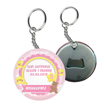 Pembe Yıldızlı Ayıcık Temalı 1 Yaş Arkası Açacak Anahtarlık