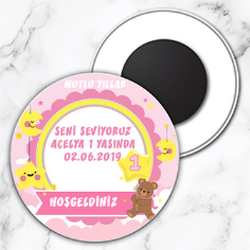 Pembe Yıldızlı Ayıcık Temalı 1 Yaş Daire Plastik Magnet