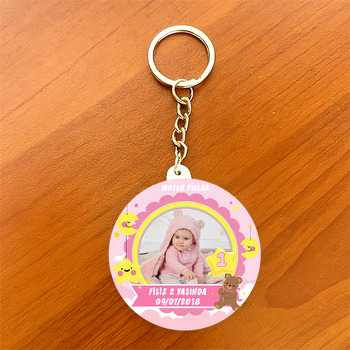 Pembe Yıldızlı Ayıcık Temalı Resimli 1 Yaş Daire Plastik Anahtarlık