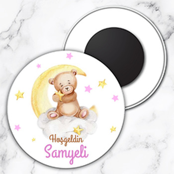 Pembe Yıldızlı Ayıcık ve Bulut Temalı Daire Plastik Doğum Günü Magnet