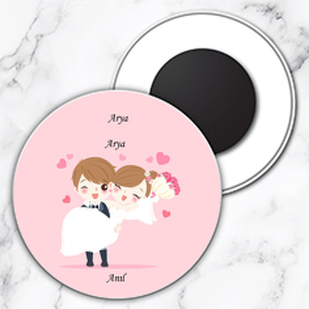Pembe Zeminli Gelin Damat Temalı Söz Nişan Nikah Daire Plastik Magnet