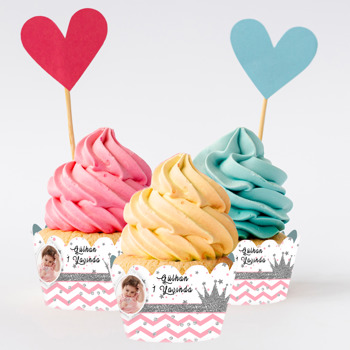 Pembe Zeminli Simli Gümüş Taç Temalı Cupcake Sargısı