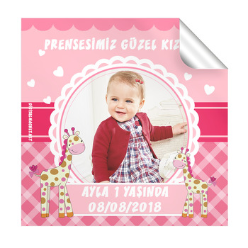 Pembe Zürafa Temalı Doğum Günü  Kare Etiket