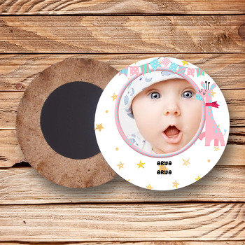 Pembe Zürafa Temalı Resimli Ahşap Daire Magnet
