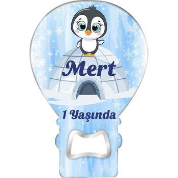 Penguen ile Kar Taneleri Temalı Balon Ahşap Magnet 