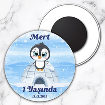 Penguen ile Kar Taneleri Temalı Daire Plastik Doğum Günü Magnet