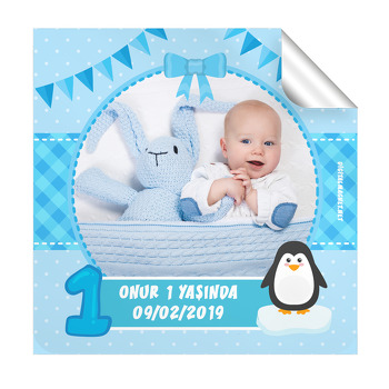 Penguen Temalı 1 Yaş Doğum Günü  Kare Etiket