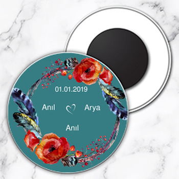 Petrol Yeşili Zeminli Kırmızı Çiçek Temalı Daire Plastik Magnet