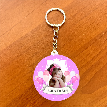 Pink Balon Temalı Daire Plastik Anahtarlık