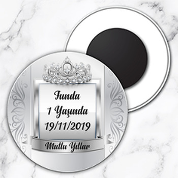 Pırlantalı Taç Temalı Daire Plastik Magnet