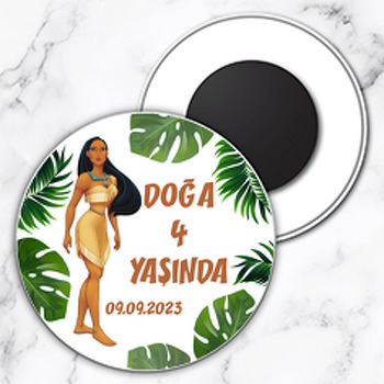 Pocahontas ile Tropikal Yapraklar Temalı Daire Plastik Doğum Günü Magnet