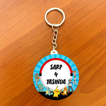 Pokemon Mavi Fon Temalı Daire Plastik Anahtarlık
