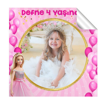 Prenses ile Pembe Balonlar Temalı Kare Parti Etiket