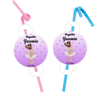 Puantiyeli Elbiseli Kız ile Lila Kalpli Fon Temalı Pipet ve Kartı