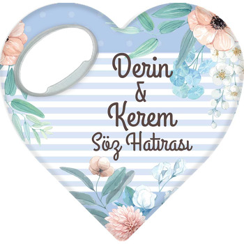 Pudra Çiçekler ile Desenli Mavi Fon Temalı Kalp Magnet Açacak