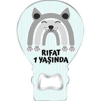 Rakun Gökkuşağı Mavi Çizgili Fon Temalı Balon Ahşap Magnet 