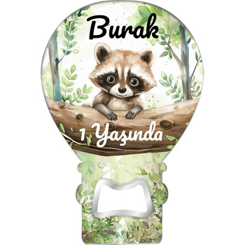 Rakun Ormanda Temalı Balon Ahşap Magnet 
