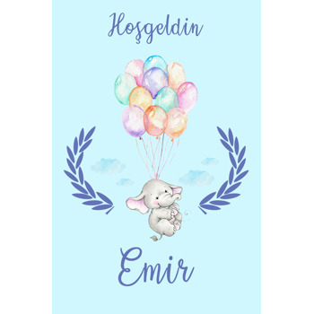 Renkli Balonlu Fil Temalı Açık Mavi Doğum Günü Plastik Magnet