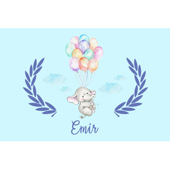 Renkli Balonlu Fil Temalı Açık Mavi Doğum Günü Plastik Magnet