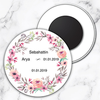 Renkli Çiçek Çerçeveli Söz Nişan Nikah Daire Plastik Magnet