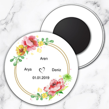 Renkli Çiçekler Temalı Söz Nişan Nikah Daire Plastik Magnet
