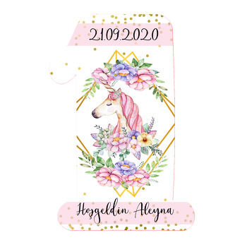 Renkli Çiçekli Unicorn Temalı Doğum Günü Magnet