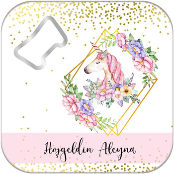 Renkli Çiçekli Unicorn  Temalı Kare Magnet Açacak