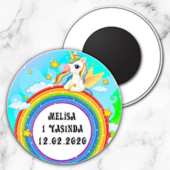 Renkli Gökkuşağı Ve Unicorn Temalı Daire Plastik Hediyelik Magnet