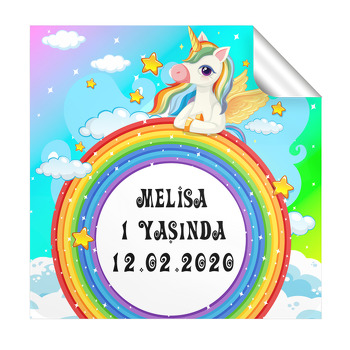 Renkli Gökkuşağı Ve Unicorn Temalı Doğum Günü Parti Kare Etiket