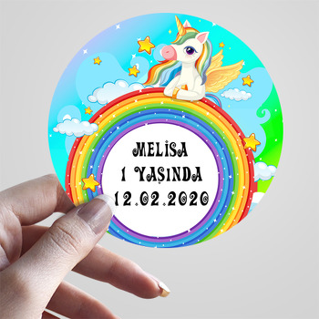 Renkli Gökkuşağı Ve Unicorn Temalı Doğum Günü Sticker