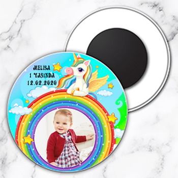 Renkli Gökkuşağı Ve Unicorn Temalı Resimli Daire Plastik Magnet