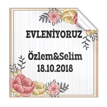 Renkli Güller Desenli Söz Nişan Nikah Kare Etiket