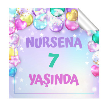 Renkli Işıltılı Balonlar ile Lila Fon Temalı Kare Parti Etiket