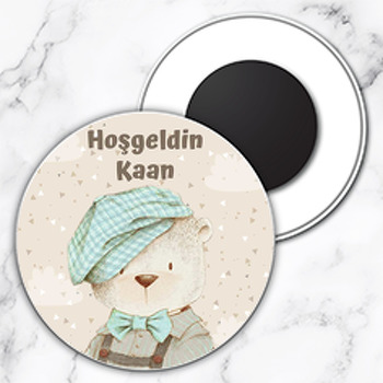 Retro Ayıcık Temalı Daire Plastik Doğum Günü Magnet