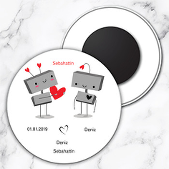 Robot Sevgili Temalı Söz Nişan Nikah Daire Plastik Magnet