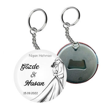 Romantik Gelin ile Damat Çizim Temalı Arkası Açacak Anahtarlık