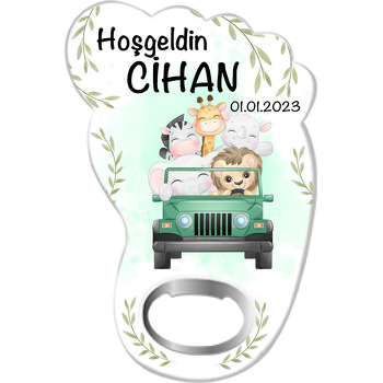 Safari Arabada Hayvanlar ile Yapraklı Fon Temalı Ayak İzi Magnet Açacak
