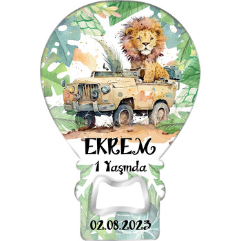 Safari Arabalı Aslan ile Yapraklar Temalı Balon Ahşap Magnet 