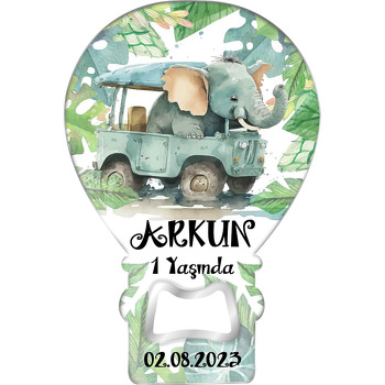 Safari Arabalı Fil ile Yapraklar Temalı Balon Ahşap Magnet 