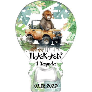 Safari Arabalı Maymun ile Yapraklar Temalı Balon Ahşap Magnet 