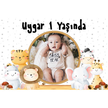 Safari Hayvanları ile Gri Puantiyeli Fon Temalı Plastik Doğum Günü Magnet