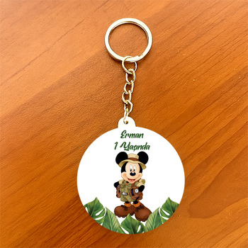 Safari Mickey Mouse ile Yapraklar Temalı Daire Plastik Doğum Günü Anahtarlık