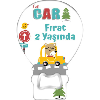 Sarı Araba ile Ayıcık Temalı Balon Ahşap Magnet 