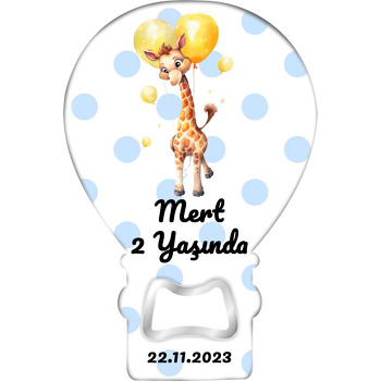 Sarı Balonlu Zürafa ile Mavi Puantiye Fon Temalı Balon Ahşap Magnet 