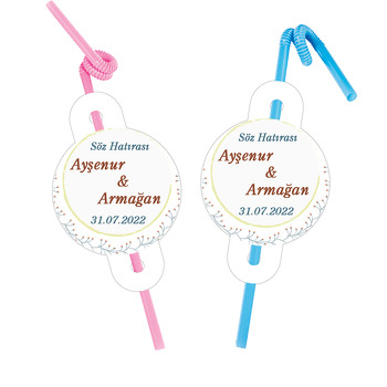 Sarı Çerçeve ile Çiçek Dalları Temalı Pipet ve Kartı