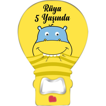 Sarı Fonda Hipopotam Temalı Balon Ahşap Magnet 