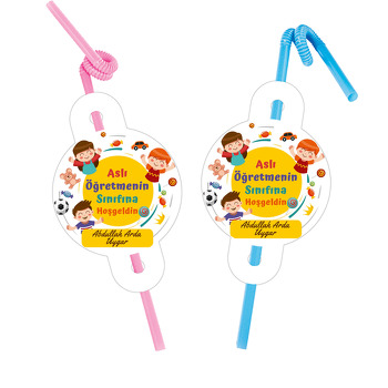 Sarı Fonda Neşeli Çocuklar Temalı Pipet ve Kartı