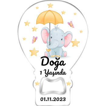 Sarı Şemsiyeli Fil Temalı Balon Ahşap Magnet 